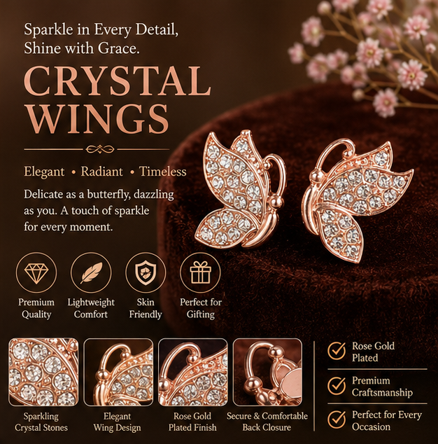 Rose Gold Crystal Butterfly Stud Earrings