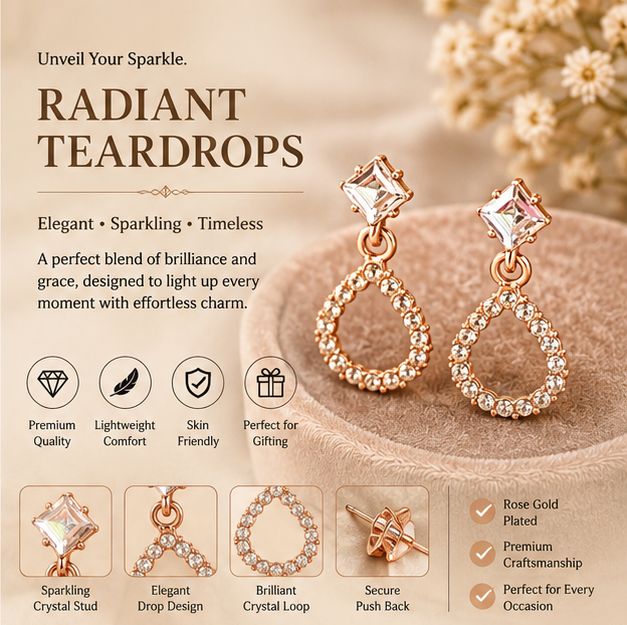 Rose Gold Crystal Teardrop Drop Earrings