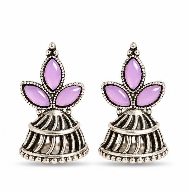 Oxidised Silver Lavender Stone Jhumka Earrings
