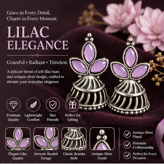 Oxidised Silver Lavender Stone Jhumka Earrings