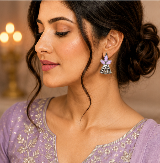 Oxidised Silver Lavender Stone Jhumka Earrings