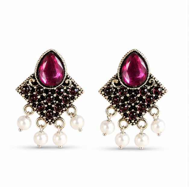 Antique Gold Ruby Pink Stone Statement Stud Earrings