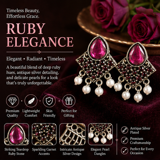 Antique Gold Ruby Pink Stone Statement Stud Earrings
