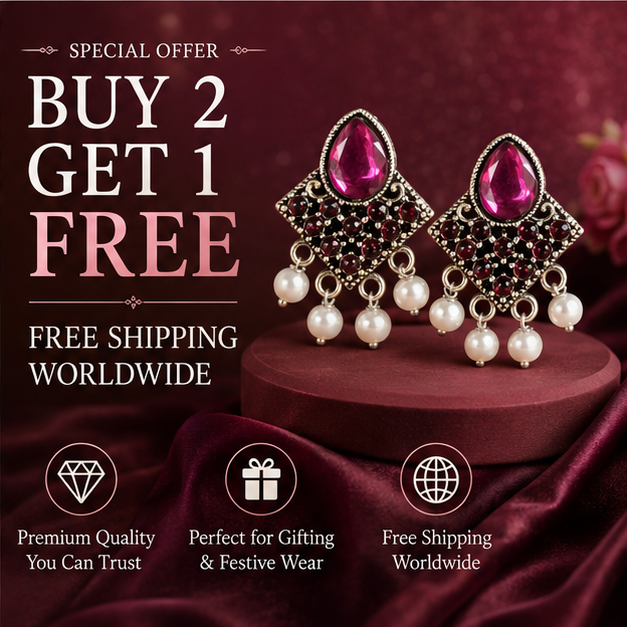 Antique Gold Ruby Pink Stone Statement Stud Earrings