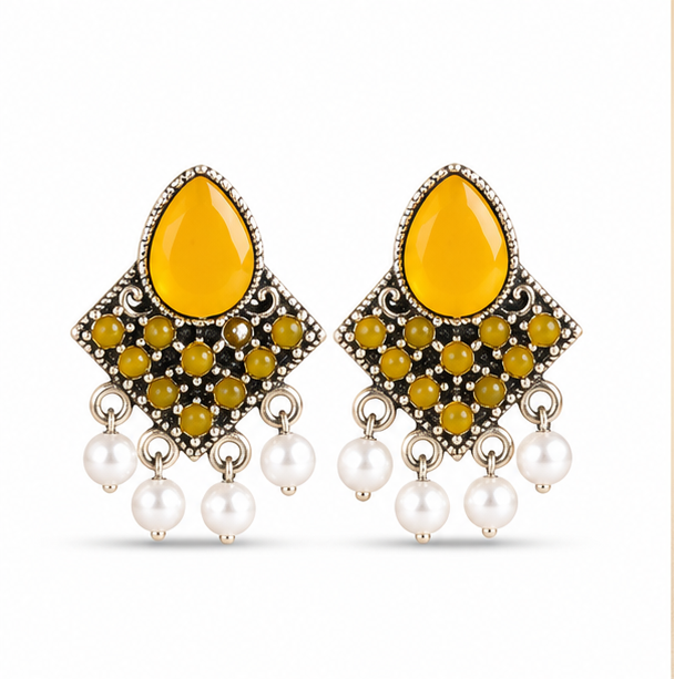 Temple Lakshmi Antique Gold Chandbali Earrings with Red Beads