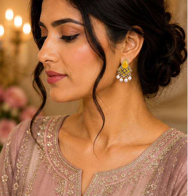 Temple Lakshmi Antique Gold Chandbali Earrings with Red Beads