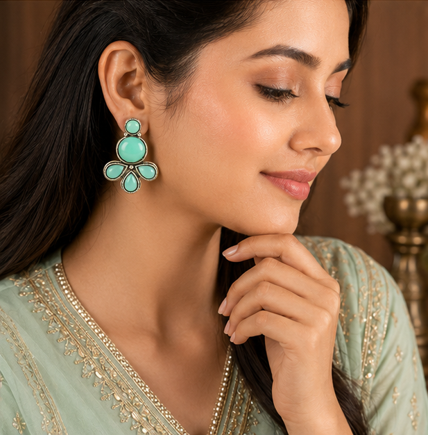 Peacock Antique Gold Hoop Jhumka Earrings with Red Beads
