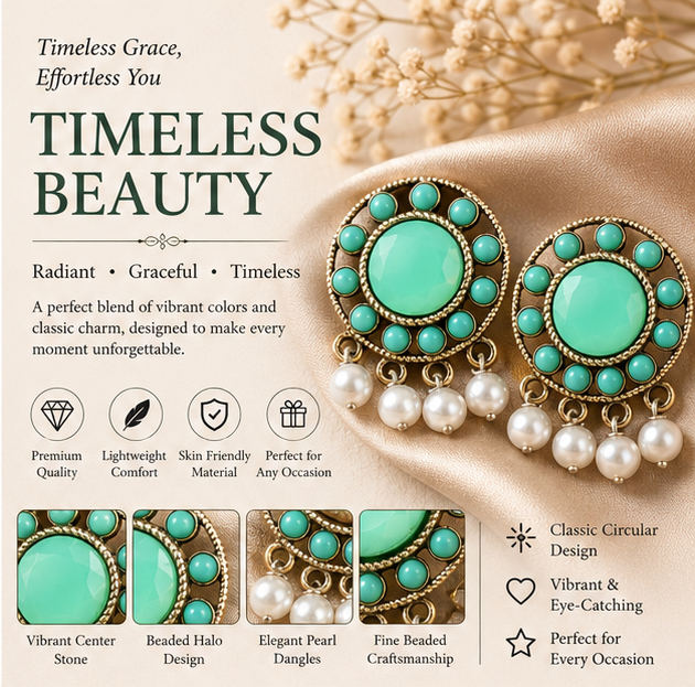 Mint Green Stone & Pearl Drop Earrings