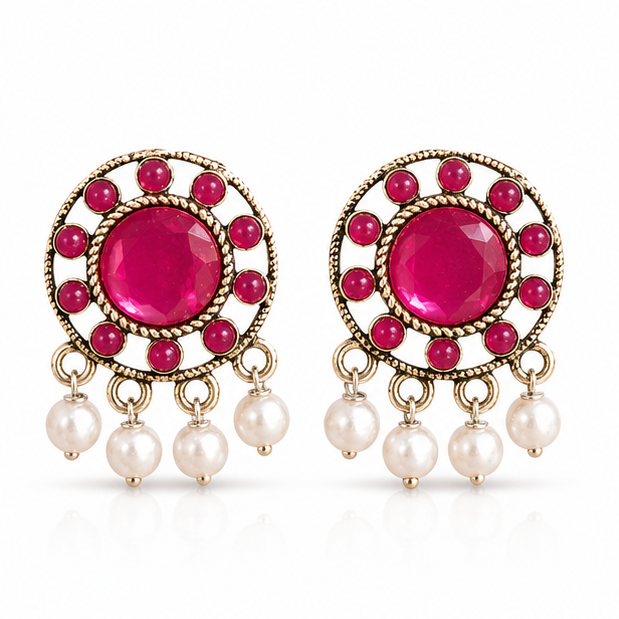 Rose Gold Pink Stone Pearl Stud Earrings