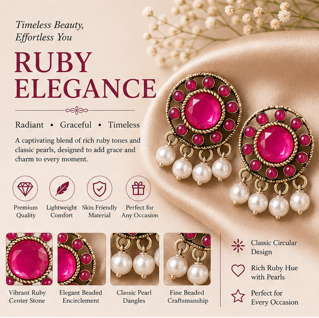 Rose Gold Pink Stone Pearl Stud Earrings