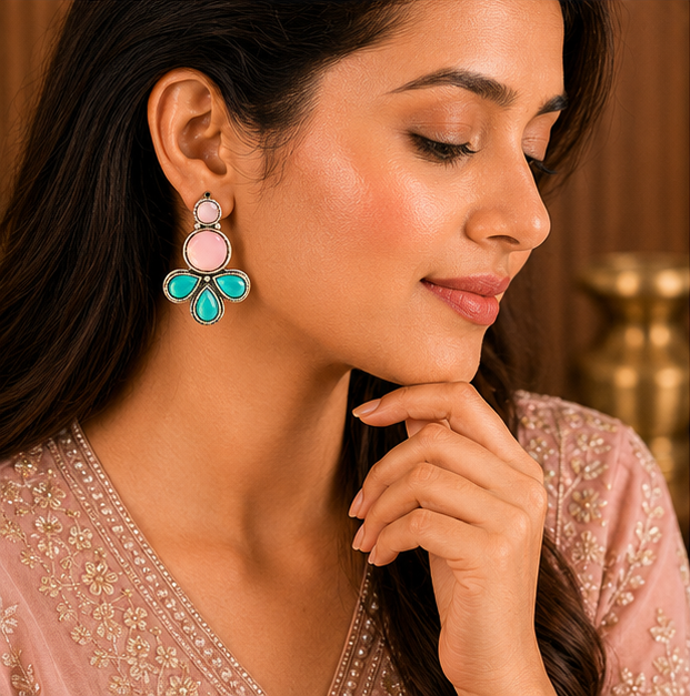 Oxidised Silver Turquoise Stone Statement Earrings