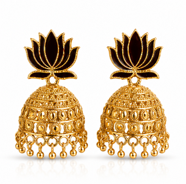 Antique Gold Lotus Jhumka Earrings – Traditional Temple Style Earrings