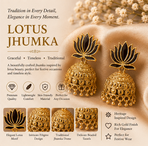 Antique Gold Lotus Jhumka Earrings – Traditional Temple Style Earrings