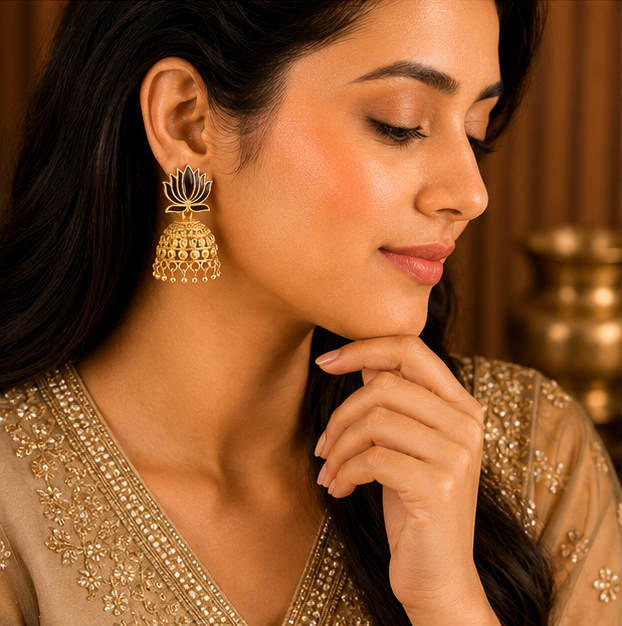 Antique Gold Lotus Jhumka Earrings – Traditional Temple Style Earrings