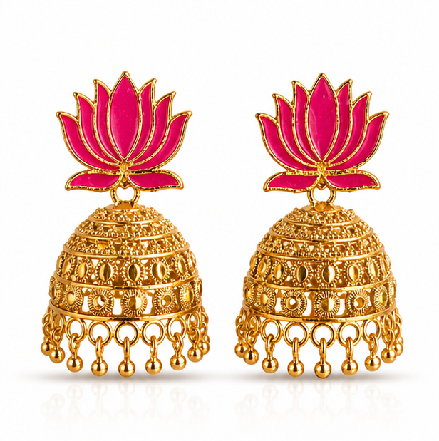 Antique Gold Pink Lotus Jhumka Earrings – Temple Style Earrings