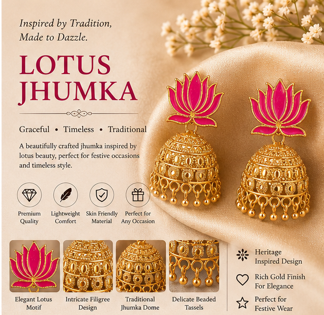Antique Gold Pink Lotus Jhumka Earrings – Temple Style Earrings