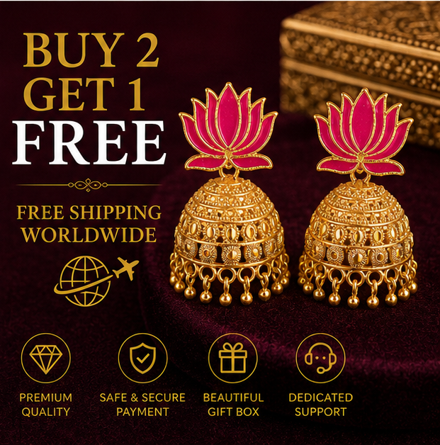 Antique Gold Pink Lotus Jhumka Earrings – Temple Style Earrings