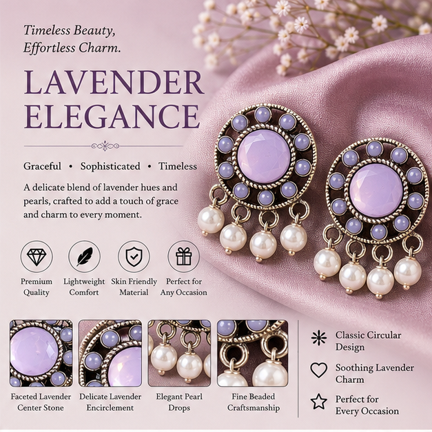 Oxidised Lavender Stone Stud Earrings with Pearl Drops
