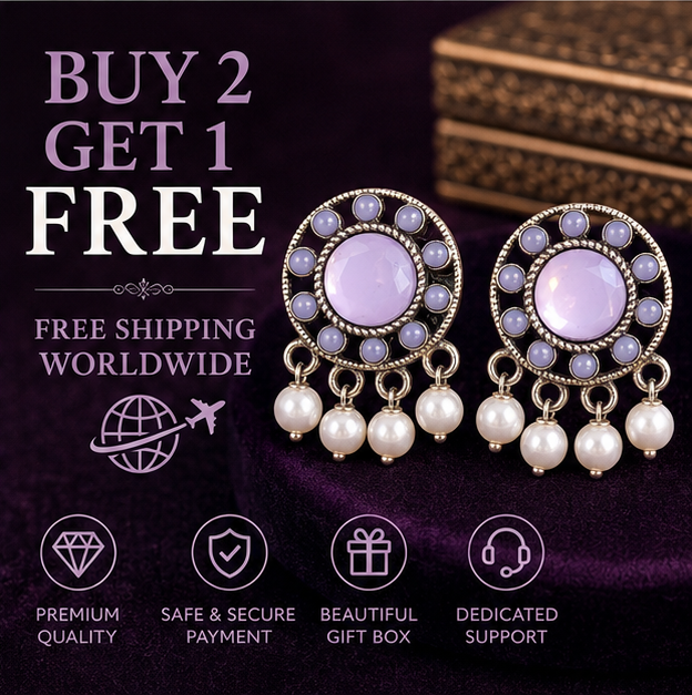 Oxidised Lavender Stone Stud Earrings with Pearl Drops