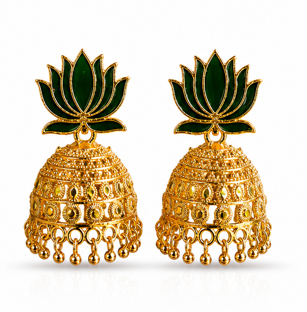 Antique Gold Green Lotus Jhumka Earrings – Temple Style Statement Earrings