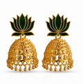 Antique Gold Green Lotus Jhumka Earrings – Temple Style Statement Earrings