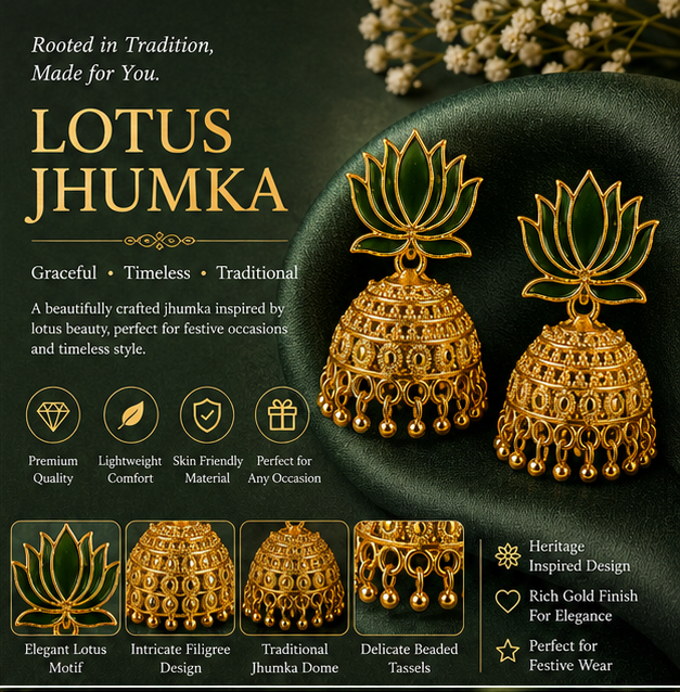 Antique Gold Green Lotus Jhumka Earrings – Temple Style Statement Earrings