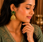 Antique Gold Green Lotus Jhumka Earrings – Temple Style Statement Earrings