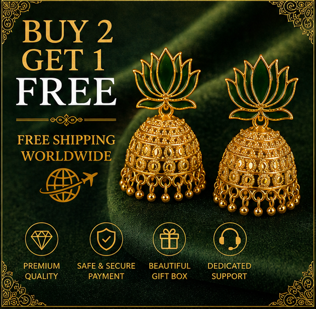 Antique Gold Green Lotus Jhumka Earrings – Temple Style Statement Earrings