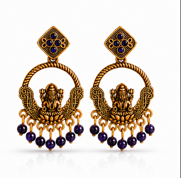 Antique Gold Lakshmi Temple Chandbali Earrings with Purple Bead Drops
