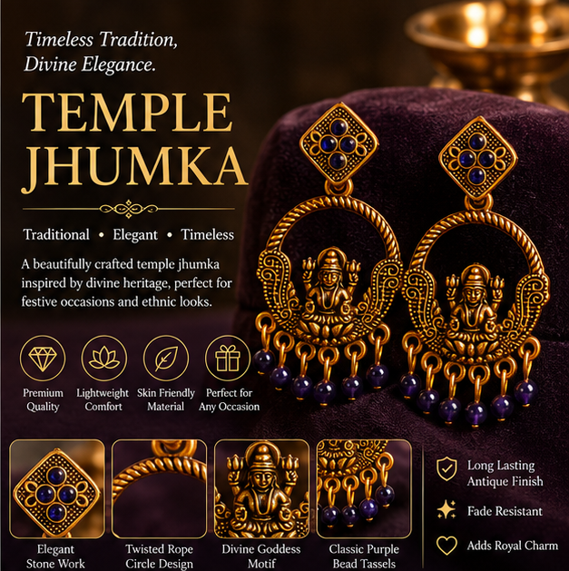 Antique Gold Lakshmi Temple Chandbali Earrings with Purple Bead Drops