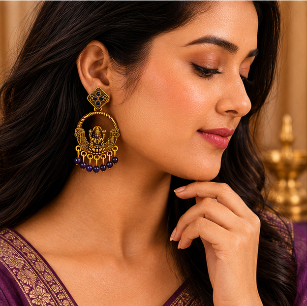Antique Gold Lakshmi Temple Chandbali Earrings with Purple Bead Drops