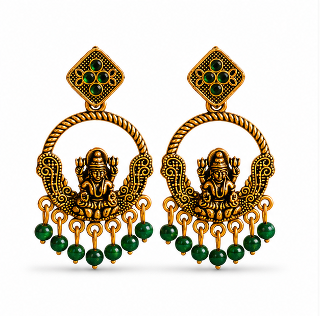 Antique Gold Lakshmi Temple Chandbali Earrings with Green Bead Drops