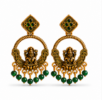 Antique Gold Lakshmi Temple Chandbali Earrings with Green Bead Drops