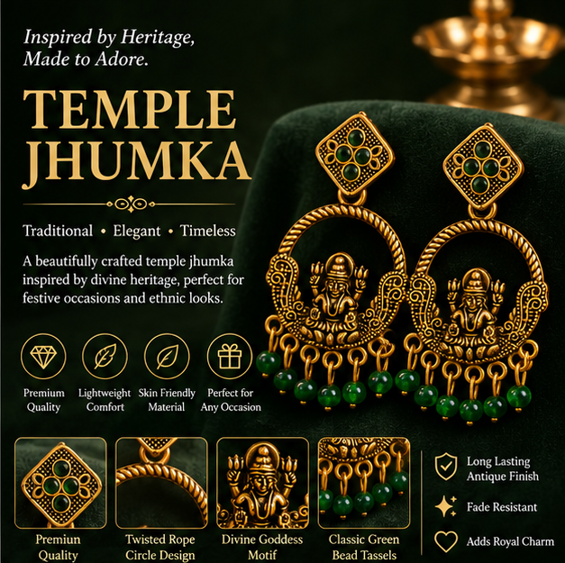 Antique Gold Lakshmi Temple Chandbali Earrings with Green Bead Drops