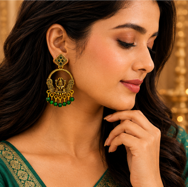 Antique Gold Lakshmi Temple Chandbali Earrings with Green Bead Drops