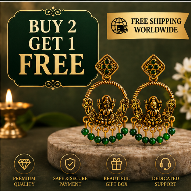 Antique Gold Lakshmi Temple Chandbali Earrings with Green Bead Drops