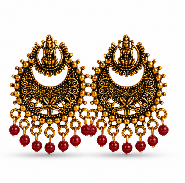 Temple Lakshmi Antique Gold Hoop Earrings with Black Beads