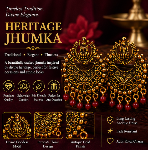 Temple Lakshmi Antique Gold Hoop Earrings with Black Beads