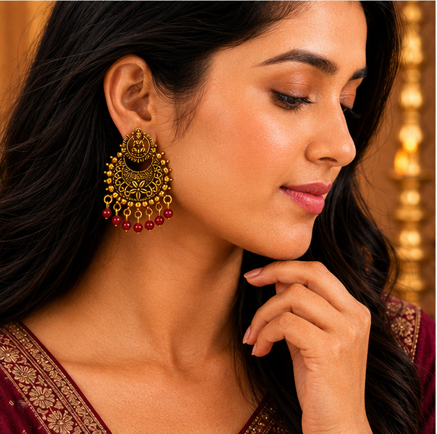 Temple Lakshmi Antique Gold Hoop Earrings with Black Beads
