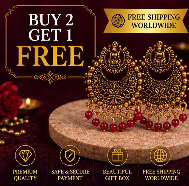 Temple Lakshmi Antique Gold Hoop Earrings with Black Beads