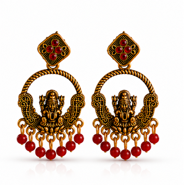 Antique Gold Lakshmi Temple Chandbali Earrings with Red Bead Drops