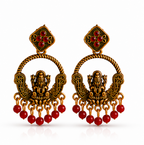 Antique Gold Lakshmi Temple Chandbali Earrings with Red Bead Drops