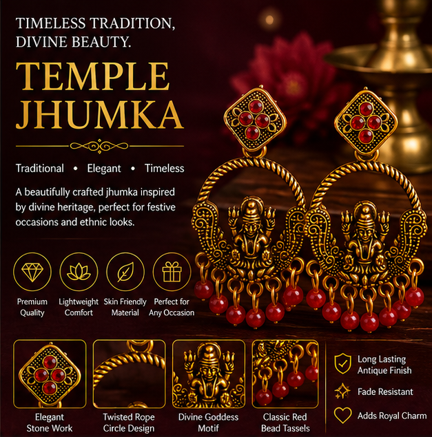 Antique Gold Lakshmi Temple Chandbali Earrings with Red Bead Drops