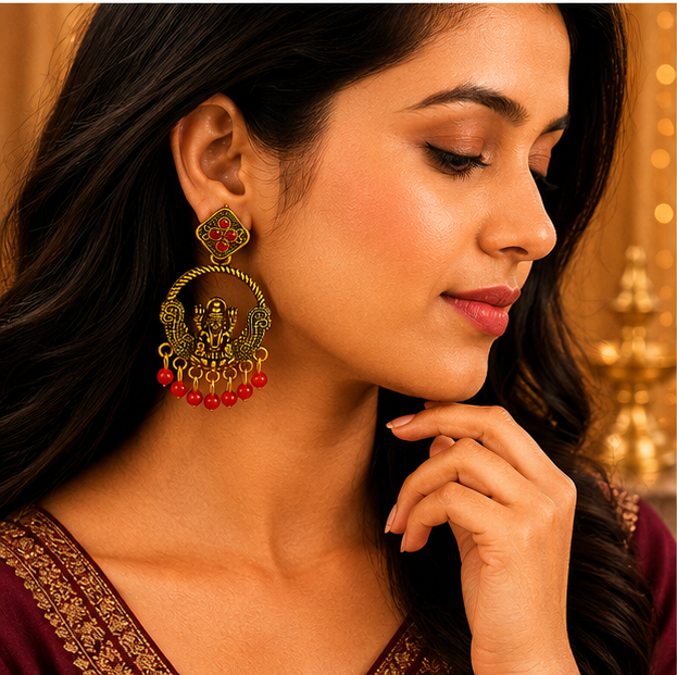 Antique Gold Lakshmi Temple Chandbali Earrings with Red Bead Drops