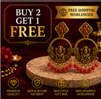 Antique Gold Lakshmi Temple Chandbali Earrings with Red Bead Drops