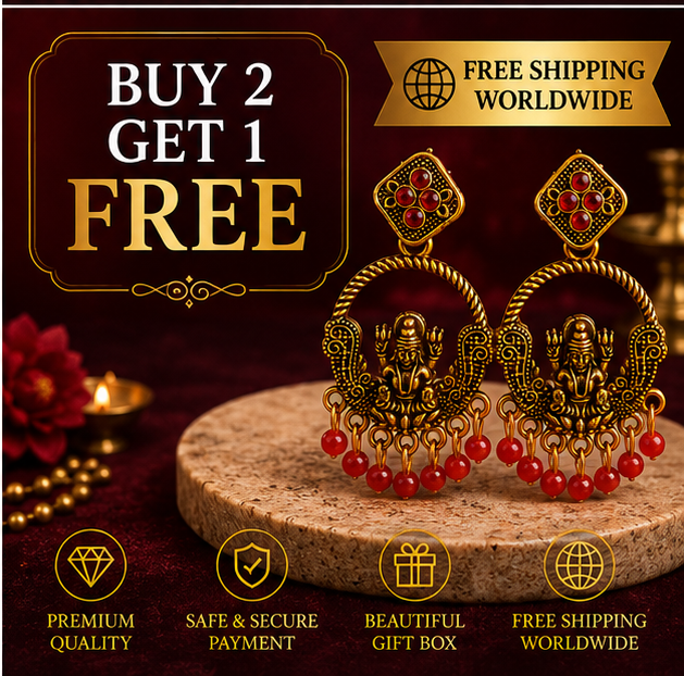 Antique Gold Lakshmi Temple Chandbali Earrings with Red Bead Drops