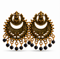 Antique Gold Lakshmi Temple Chandbali Earrings with Black Bead Drops