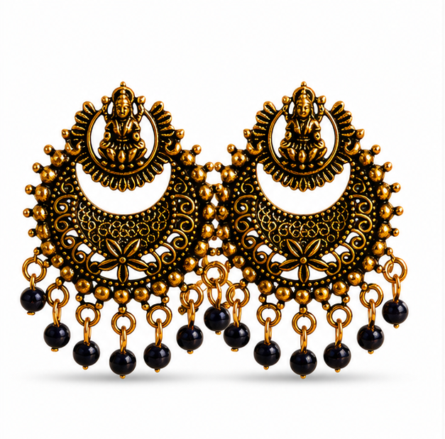 Antique Gold Lakshmi Temple Chandbali Earrings with Black Bead Drops