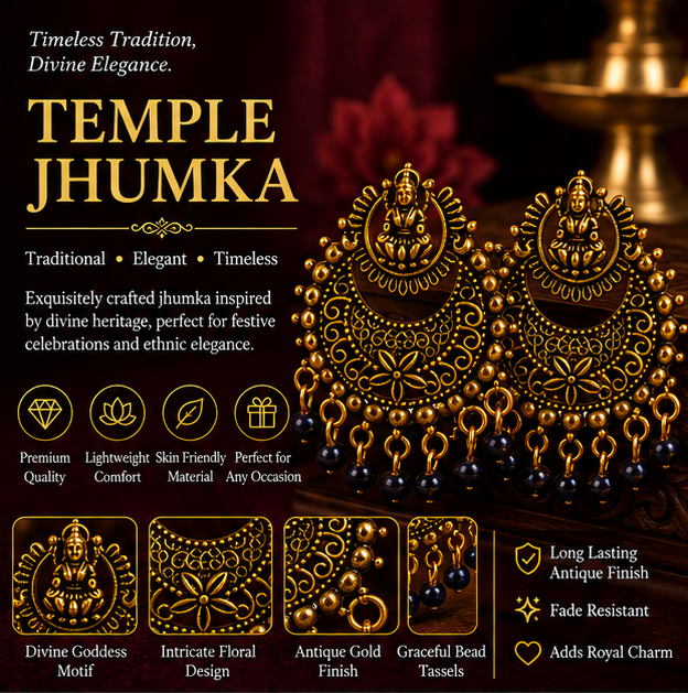 Antique Gold Lakshmi Temple Chandbali Earrings with Black Bead Drops