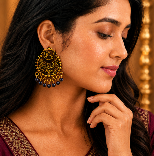 Antique Gold Lakshmi Temple Chandbali Earrings with Black Bead Drops